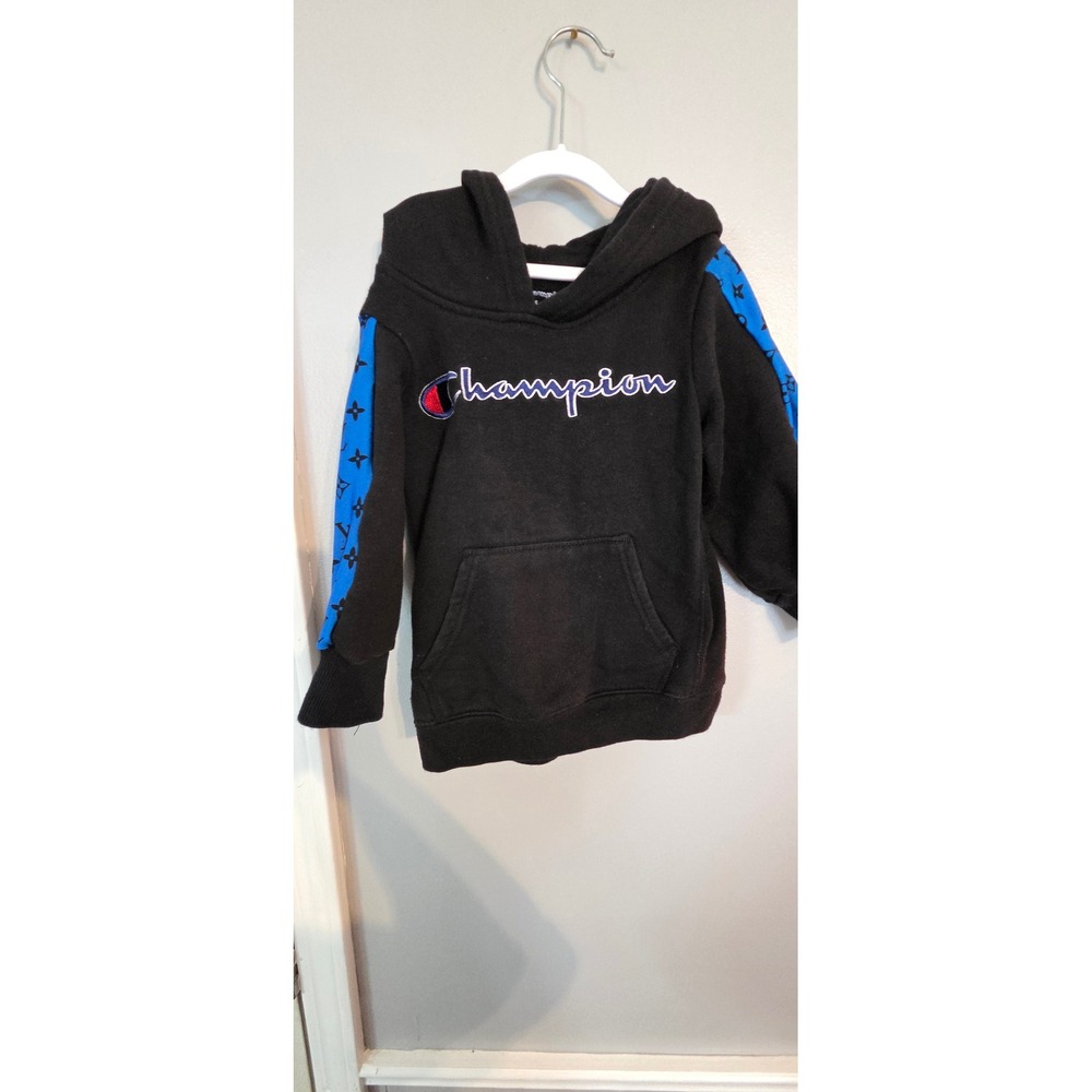 Champion Toddler Boys Black Hoodie Blue Monogram Stripe Sweatshirt 4T